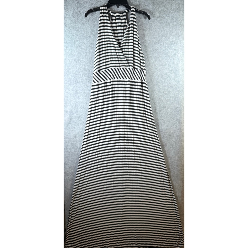 Ann Taylor Black White Striped Sleeveless Halter Maxi Dress Surplice‎ V-Neck M